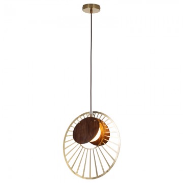 EZRA RITZY RUSTIC DECORATIVE DARK WALNUT BROWN WOOD WITH GOLD METAL CAGE & FROSTED GLASS HANGING PENDANT